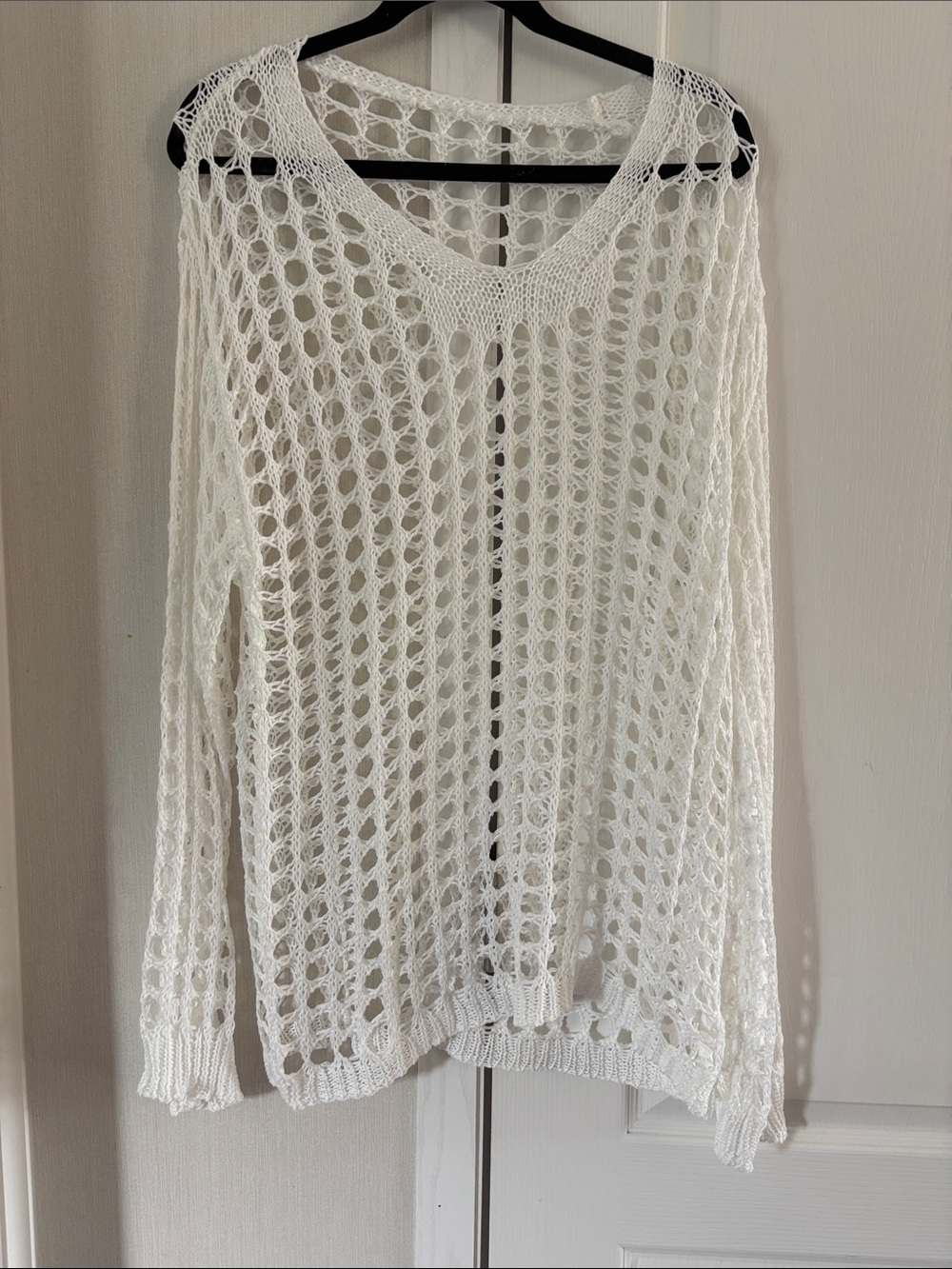 White Open-Knit V-Neck Sweater